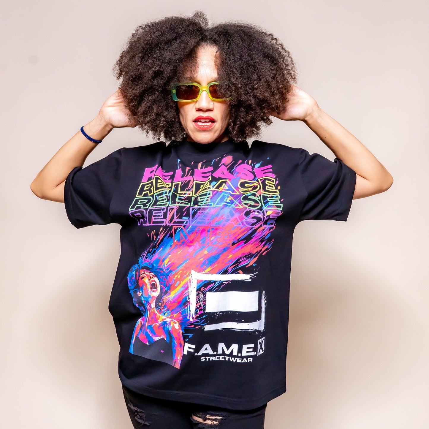 Release Me expressionist catharsis pop art graphic tee shirt on model | F.A.M.E. X streetwear