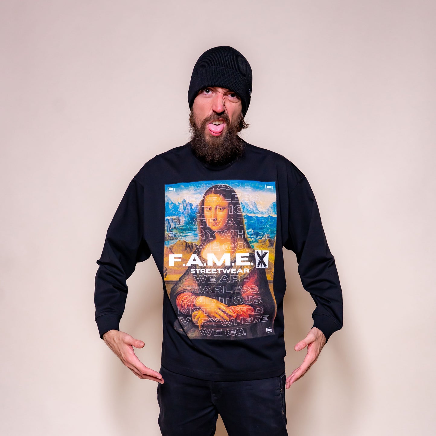 Mona Lisa twin parody art long sleeve shirt on model | F.A.M.E. X streetwear