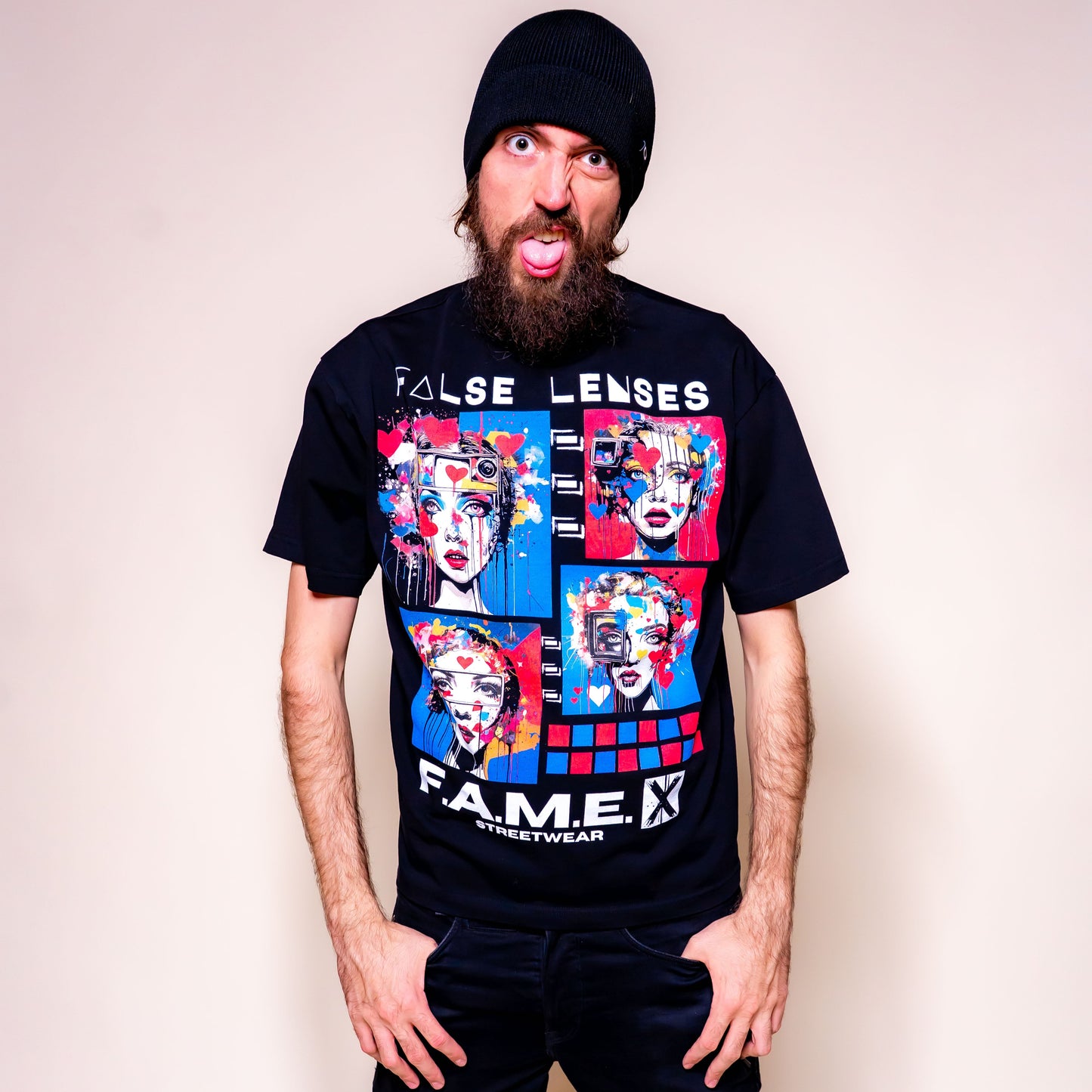False Lenses pop surrealism lashes portrait graphic tee shirt on model | F.A.M.E. X streetwear