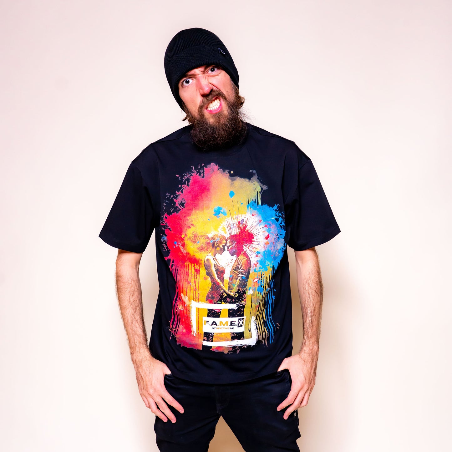 Blown Away pop art couple explosion graphic tee shirt on model | F.A.M.E. X streetwear