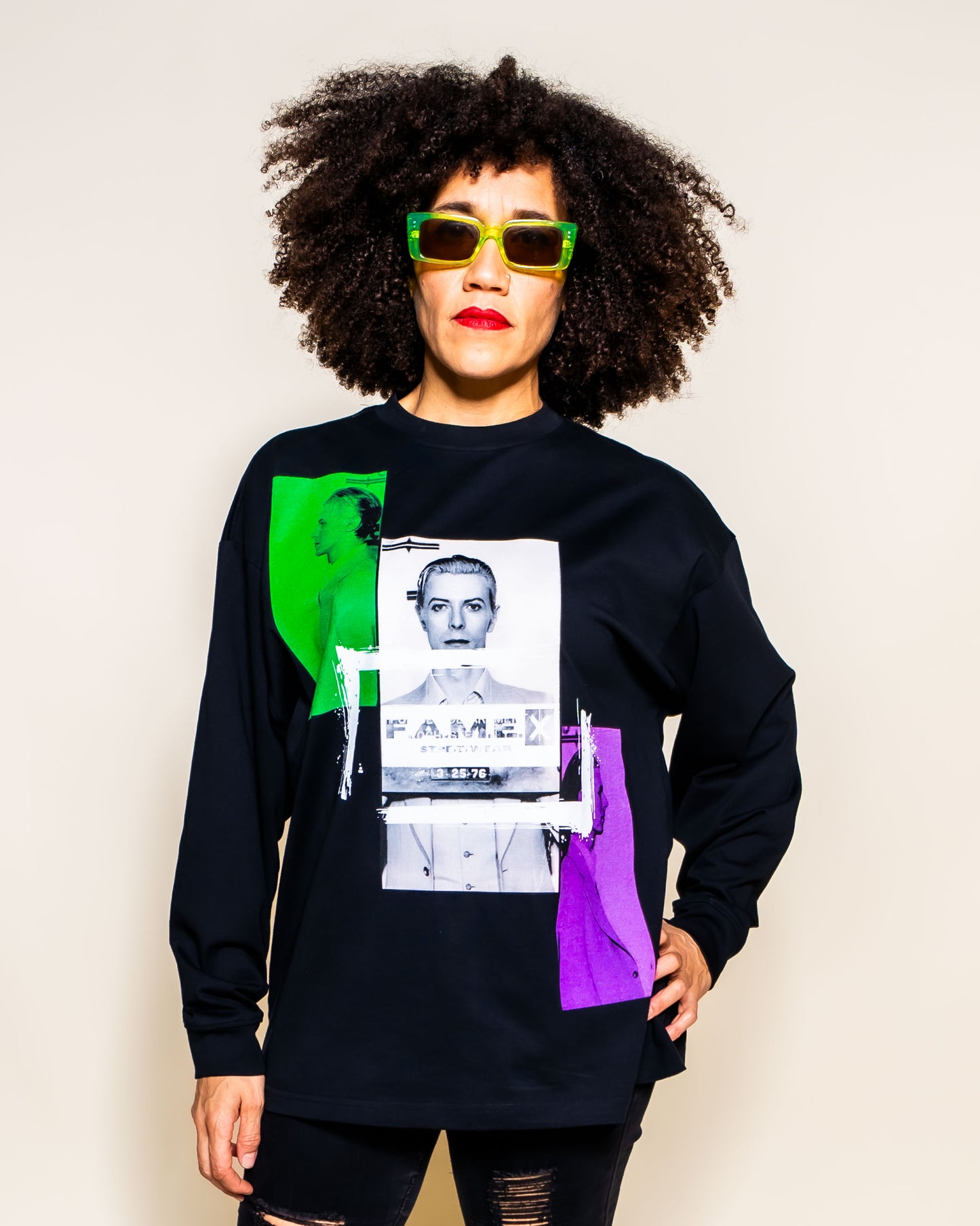 David Bowie 1976 mugshot parody art long sleeve shirt on model | F.A.M.E. X streetwear