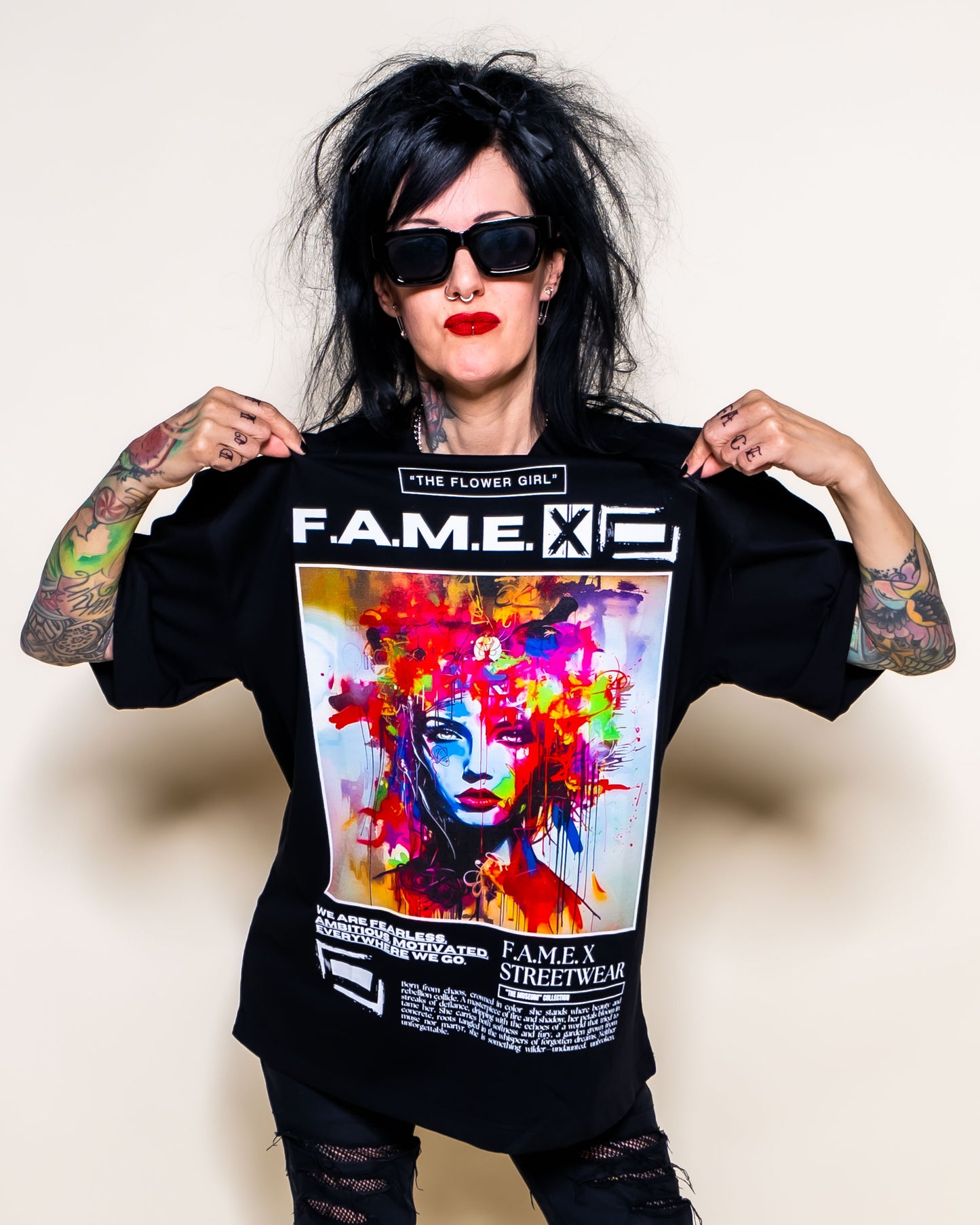 The Flower Girl flower crown pop art portrait graphic tee shirt on model | F.A.M.E. X streetwear