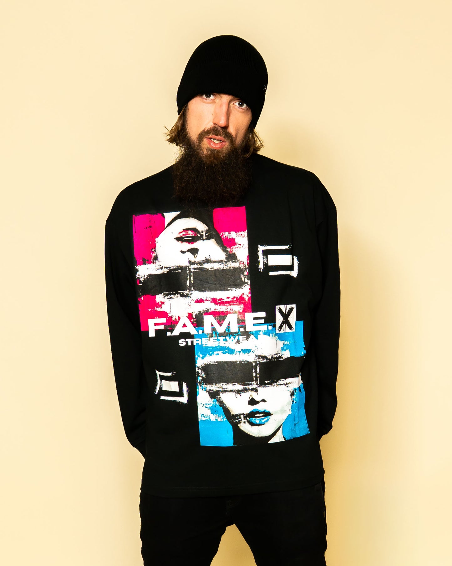 Electric Jane Doe Warhol style pop art long sleeve shirt on model | F.A.M.E. X streetwear