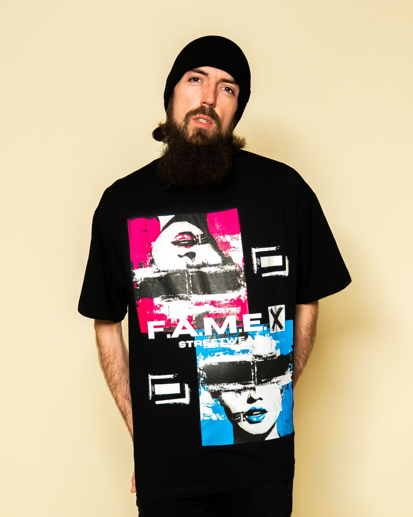 Electric Jane Doe Warhol style pop art graphic tee shirt on model | F.A.M.E. X streetwear