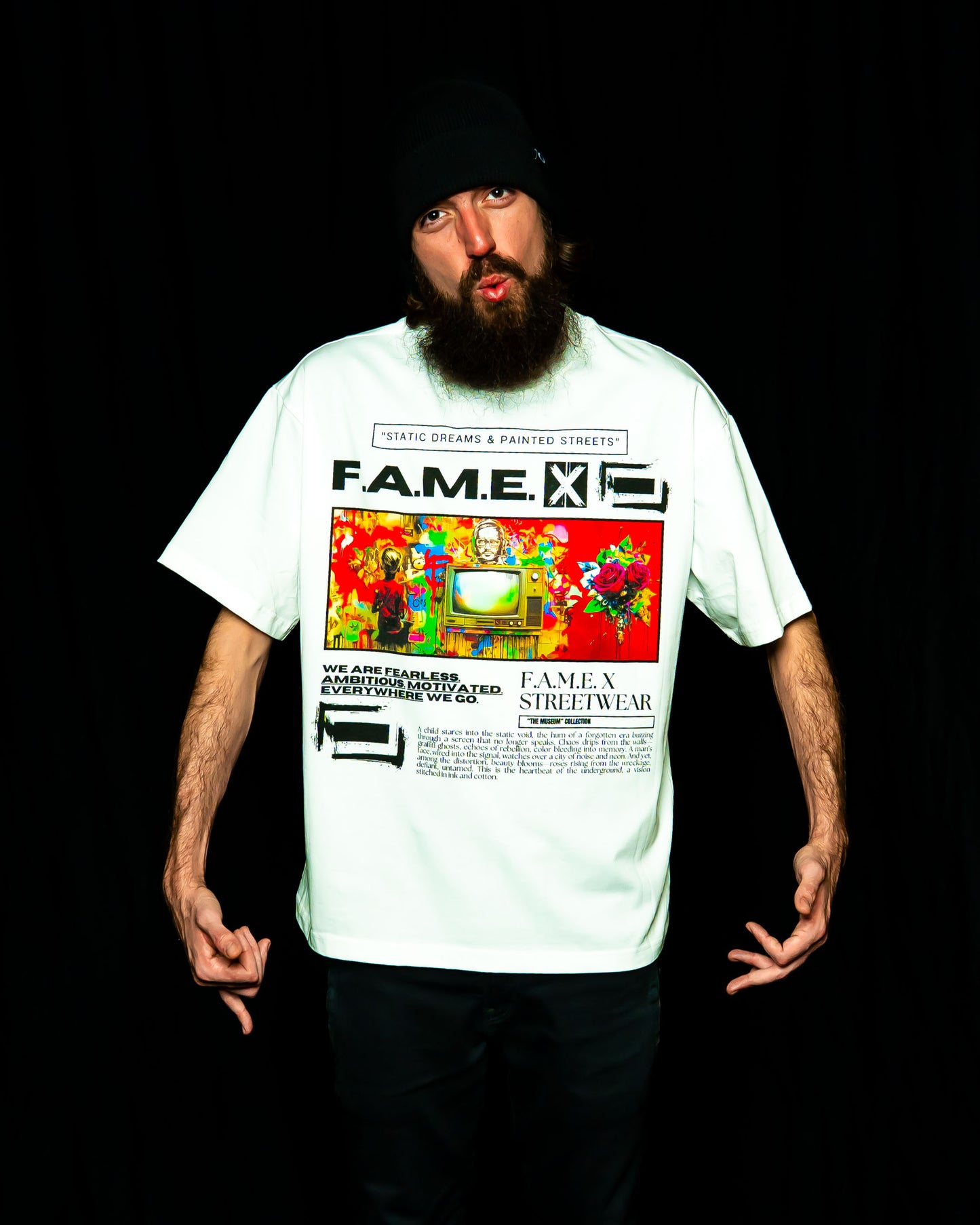 Static Dreams retro TV static pop art graphic tee shirt on model | F.A.M.E. X streetwear