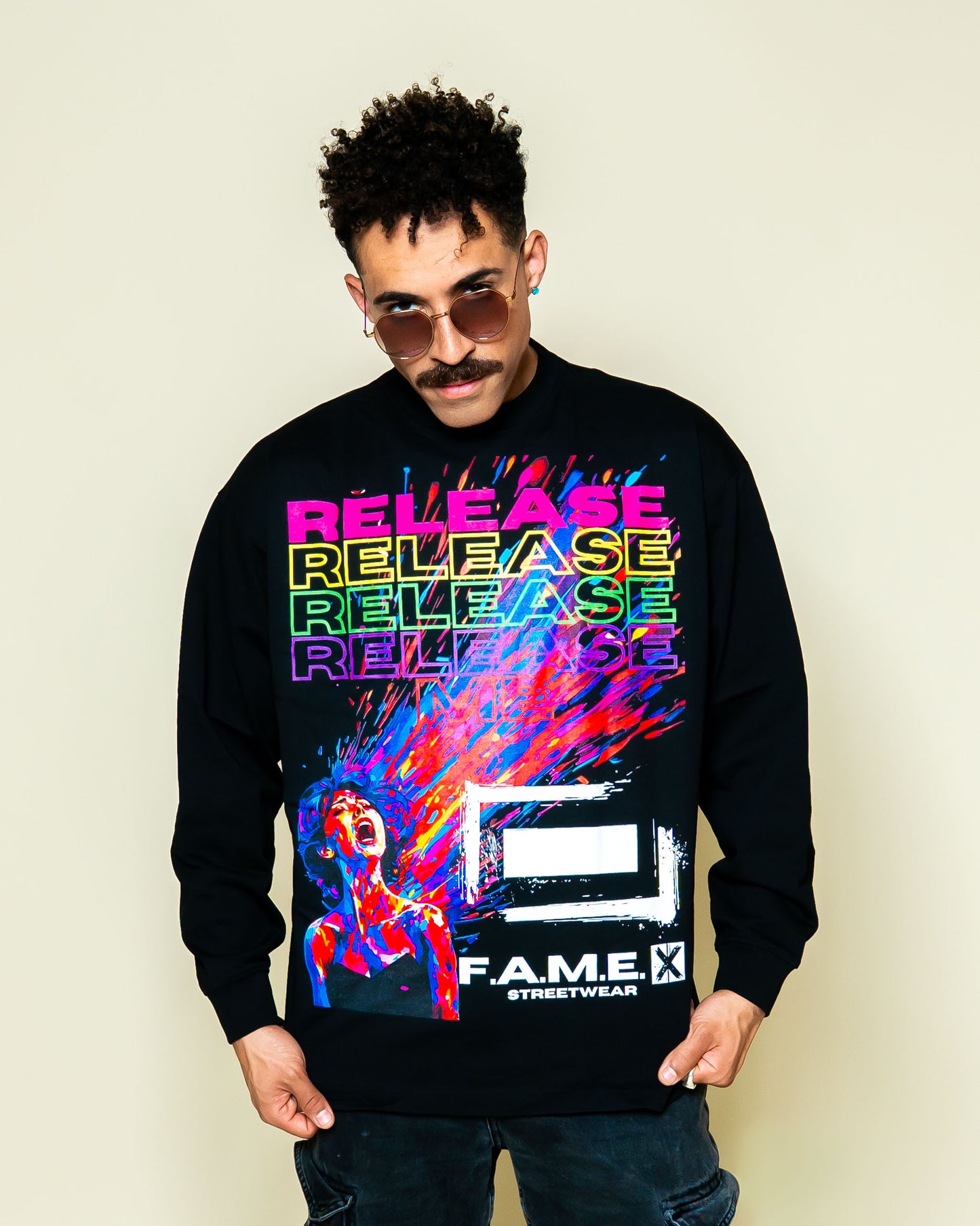 Release Me expressionist catharsis pop art long sleeve shirt on model | F.A.M.E. X streetwear