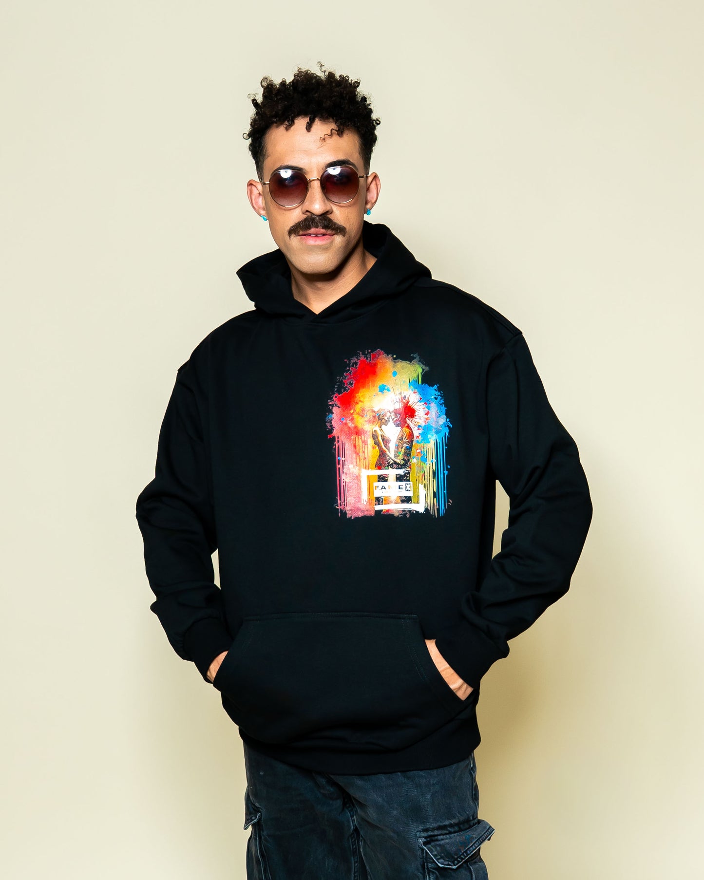 Blown Away pop art couple explosion hoodie on model | F.A.M.E. X streetwear