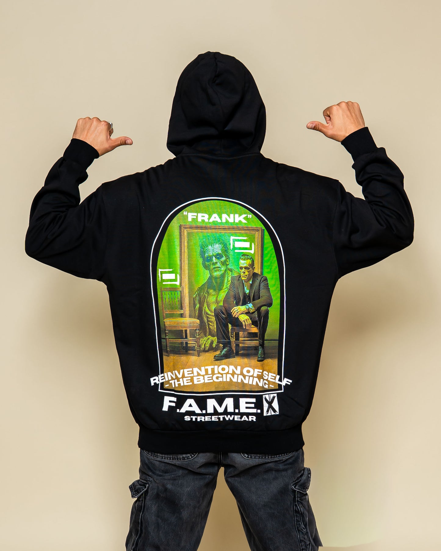 Frank Frankenstein parody art hoodie on model | F.A.M.E. X streetwear