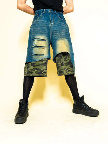 The PuNkR punk rock camo denim shorts on model | F.A.M.E. X streetwear