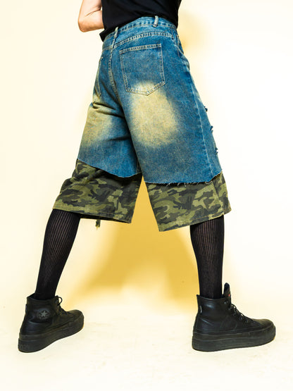 The PuNkR punk rock camo denim shorts on model | F.A.M.E. X streetwear