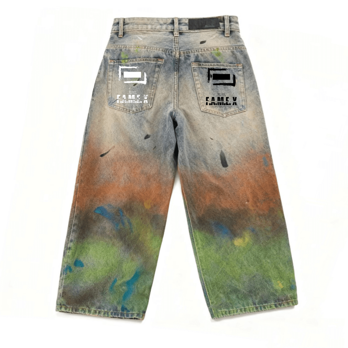 The PAiNtR paint splatter wide leg denim jeans back print view | F.A.M.E. X streetwear