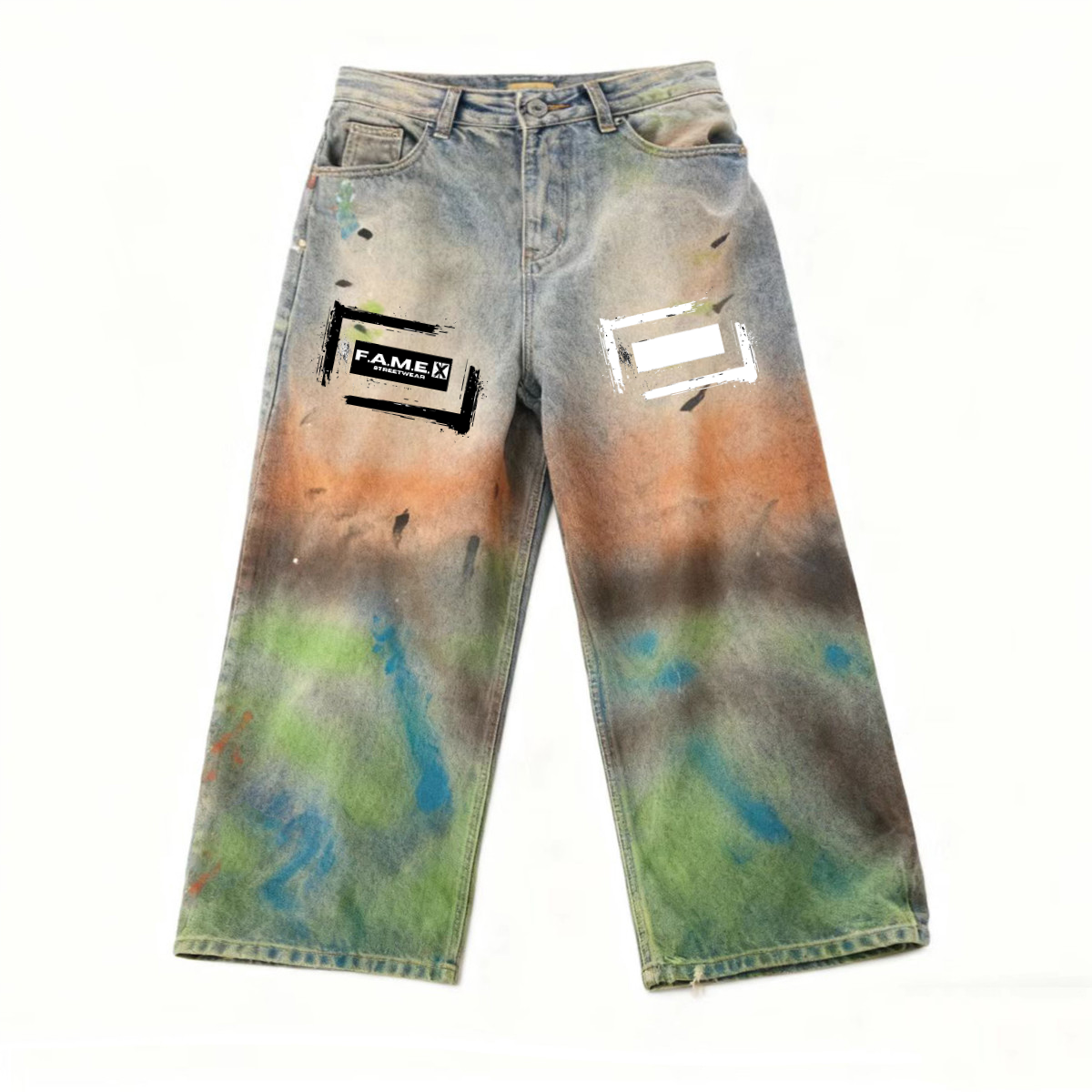 The PAiNtR paint splatter wide leg denim jeans front view | F.A.M.E. X streetwear
