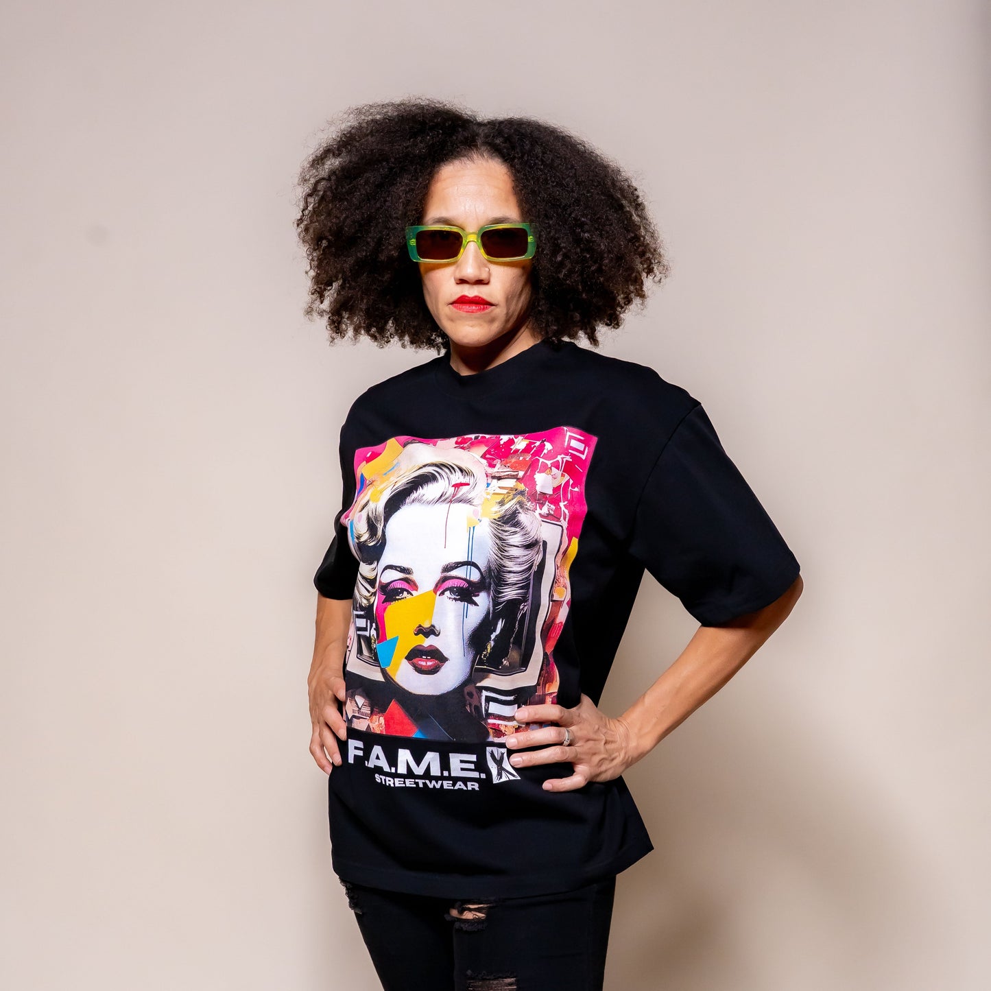 Marilyn Monroe pop art parody graphic tee shirt on model | F.A.M.E. X streetwear
