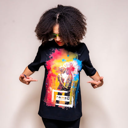 Blown Away pop art couple explosion graphic tee shirt on model | F.A.M.E. X streetwear