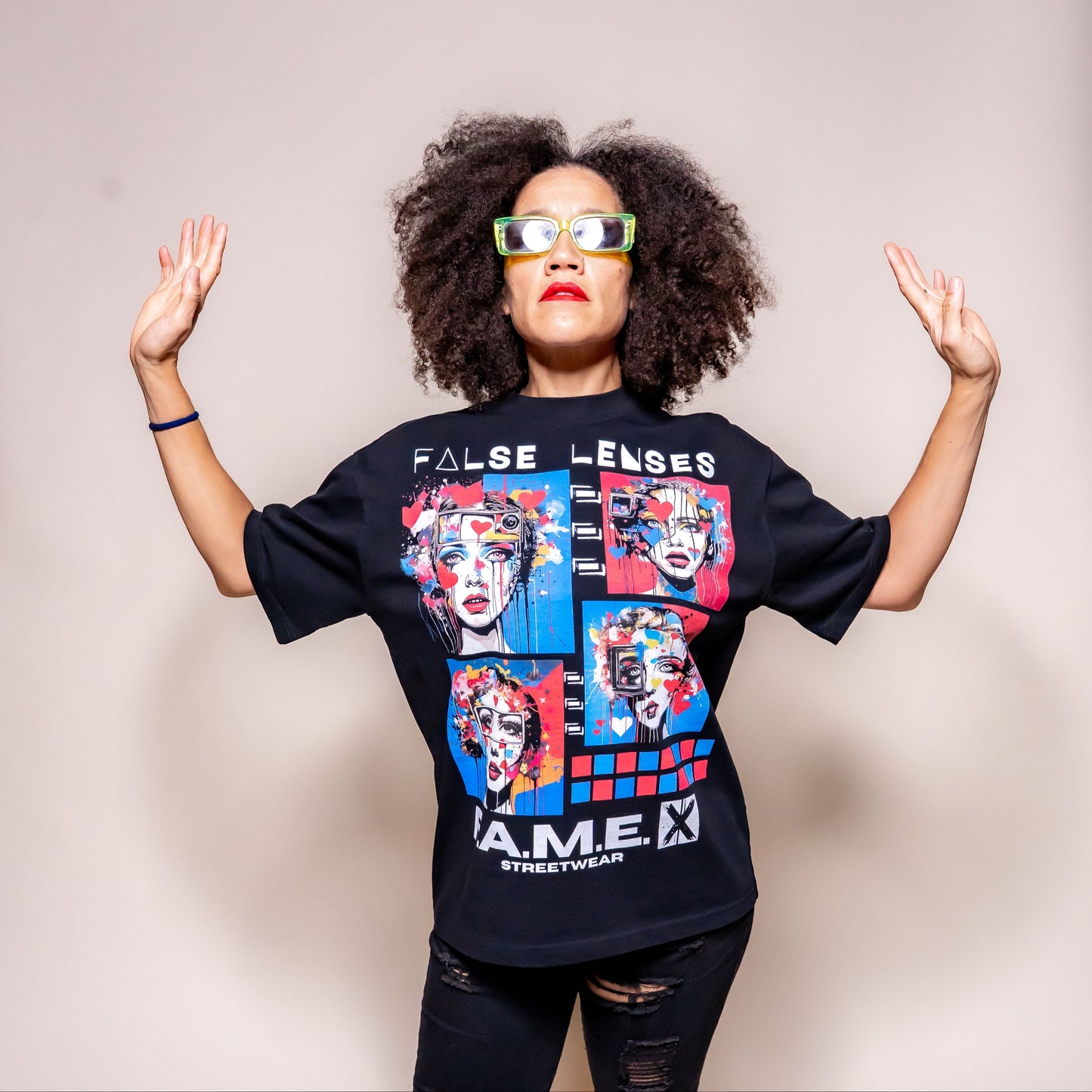False Lenses pop surrealism lashes portrait graphic tee shirt on model | F.A.M.E. X streetwear