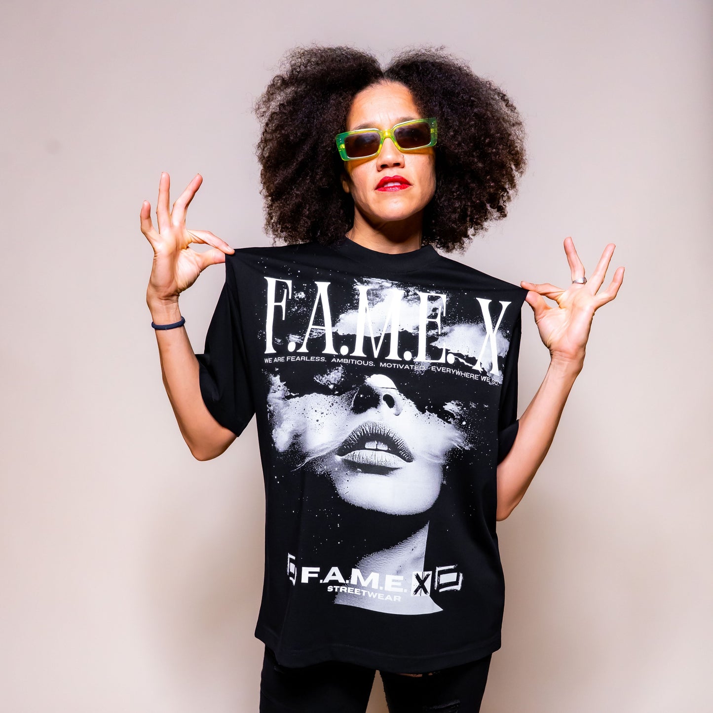 Star Gazer celestial pop art graphic tee shirt on model | F.A.M.E. X streetwear