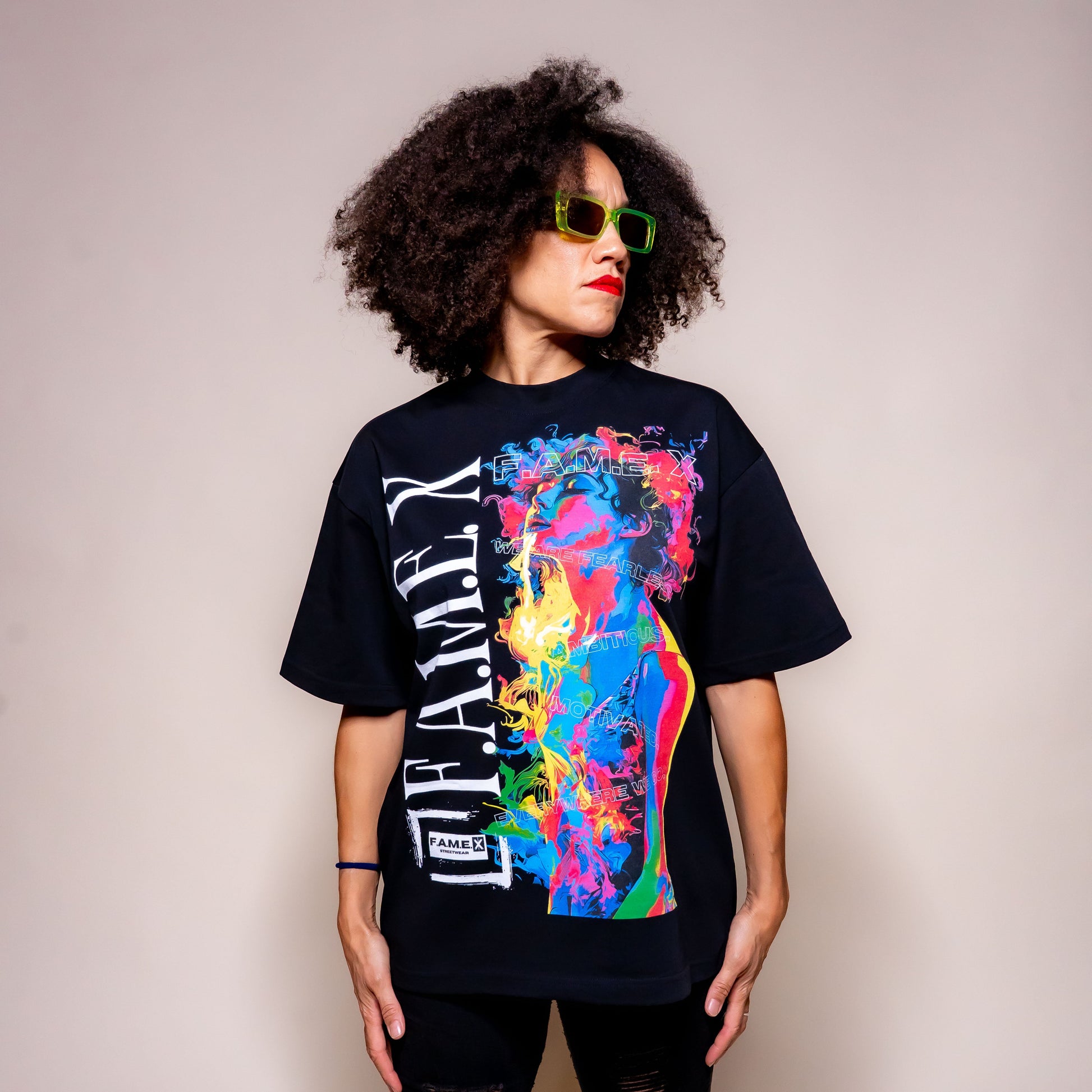 Smoker Girl pop art smoke portrait graphic tee shirt on model | F.A.M.E. X streetwear
