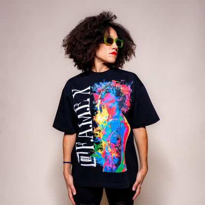 Smoker Girl pop art smoke portrait graphic tee shirt on model | F.A.M.E. X streetwear