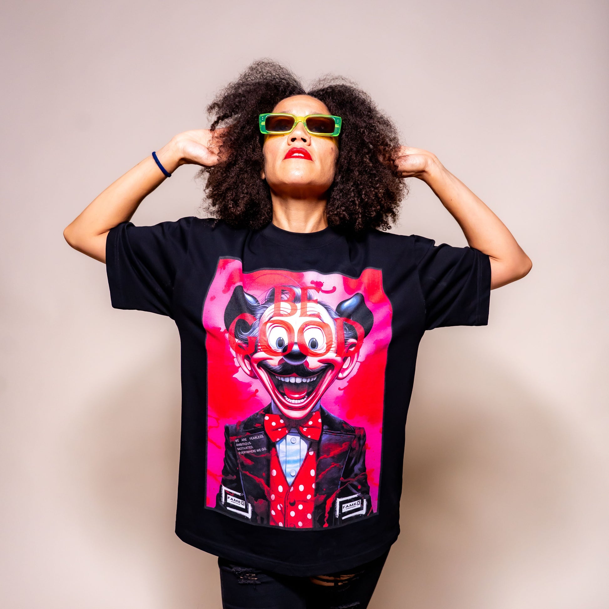 BE GOOD horror pop cartoon mascot parody art graphic tee shirt on model | F.A.M.E. X streetwear