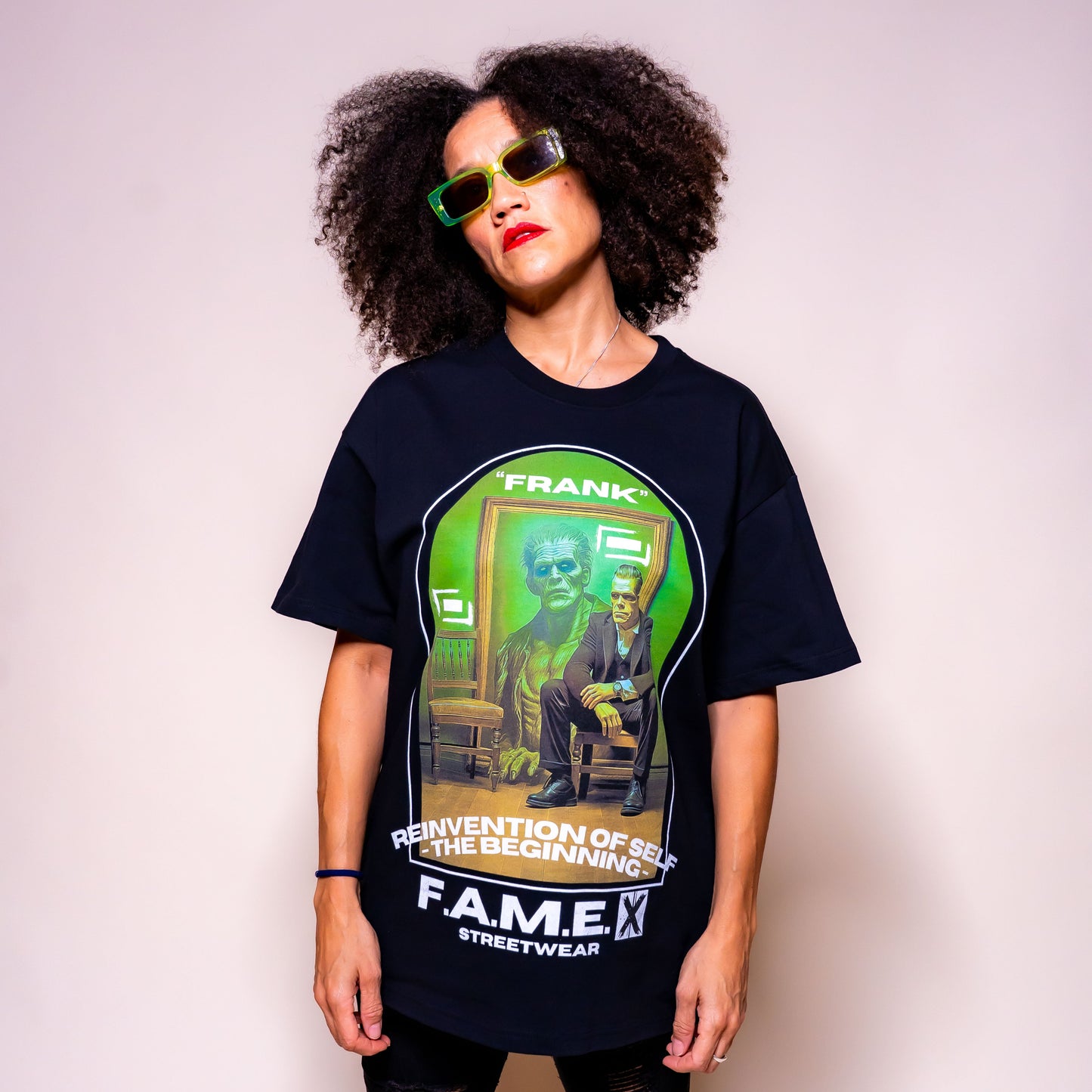 Frank Frankenstein parody art graphic tee shirt on model | F.A.M.E. X streetwear