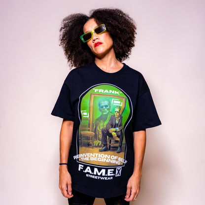 Frank Frankenstein parody art graphic tee shirt on model | F.A.M.E. X streetwear