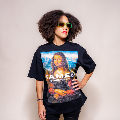 Mona Lisa twin parody art graphic tee shirt on model | F.A.M.E. X streetwear