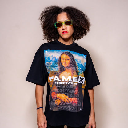 Mona Lisa twin parody art graphic tee shirt on model | F.A.M.E. X streetwear