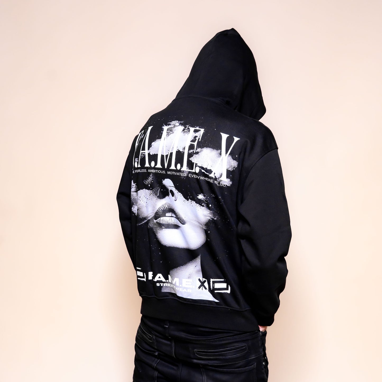 Star Gazer celestial pop art hoodie on model | F.A.M.E. X streetwear