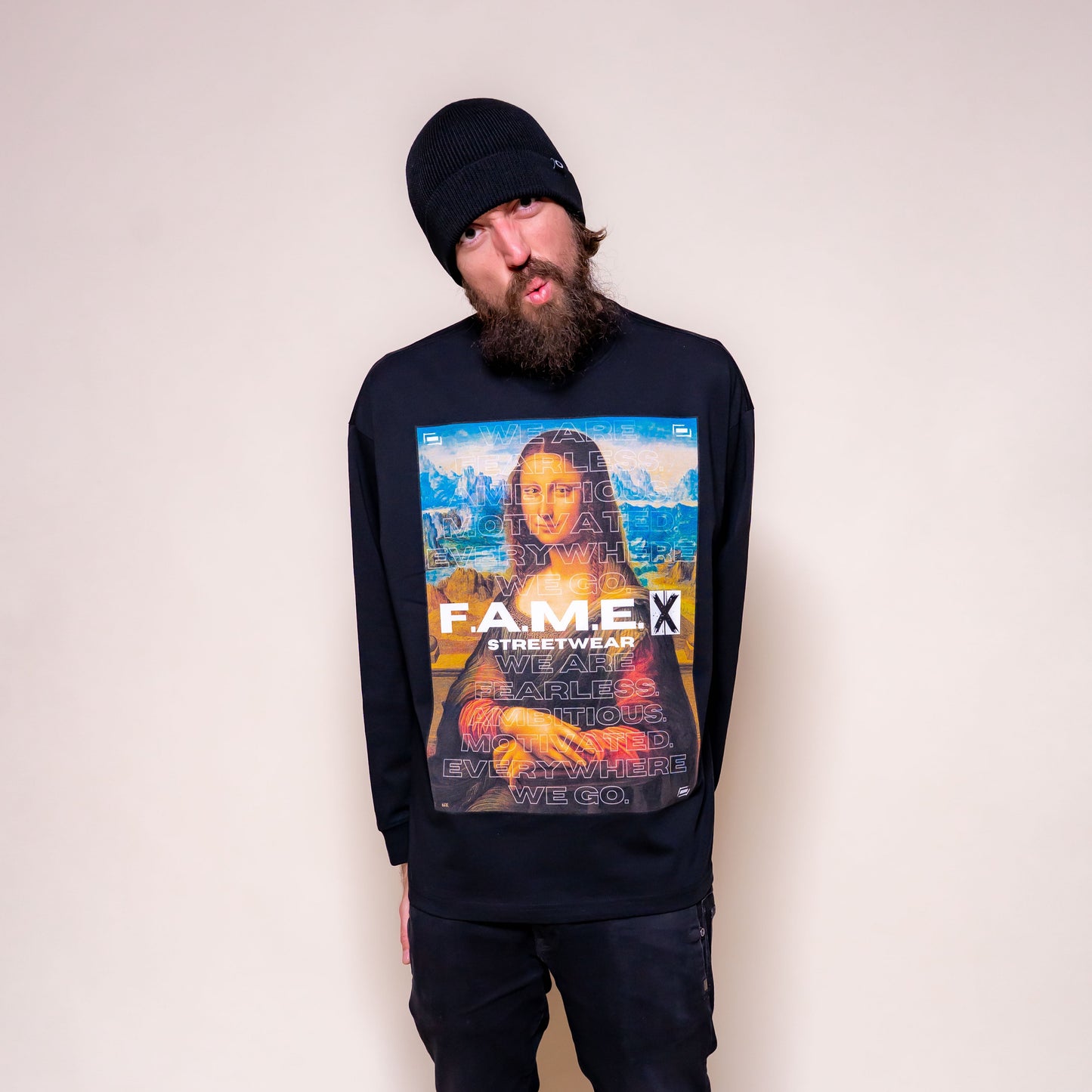 Mona Lisa twin parody art long sleeve shirt on model | F.A.M.E. X streetwear