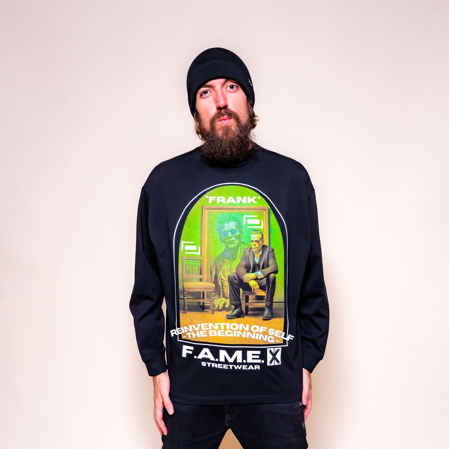 Frank Frankenstein parody art long sleeve shirt on model | F.A.M.E. X streetwear