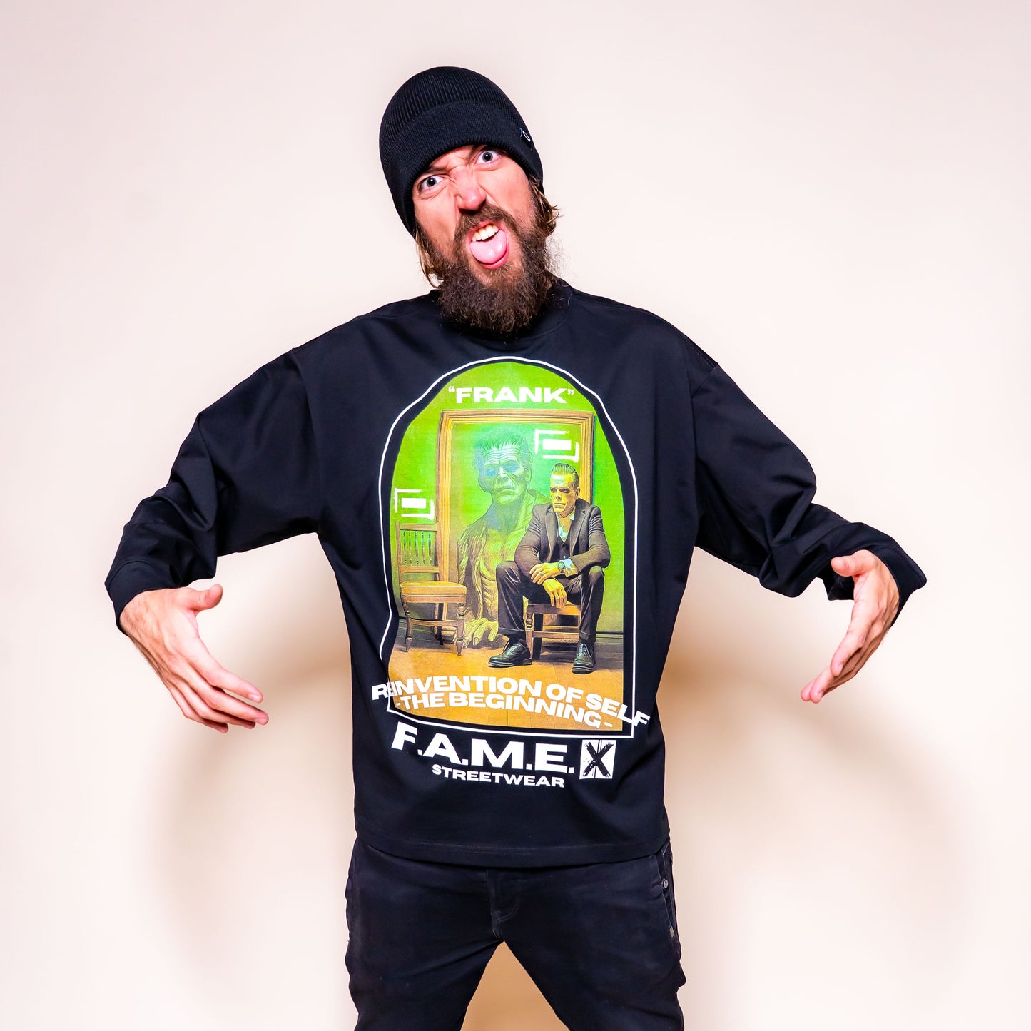 Frank Frankenstein parody art long sleeve shirt on model | F.A.M.E. X streetwear