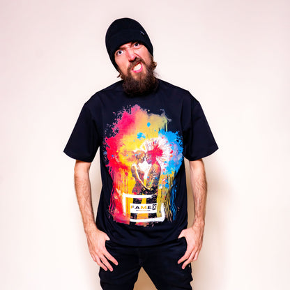 Blown Away pop art couple explosion graphic tee shirt on model | F.A.M.E. X streetwear