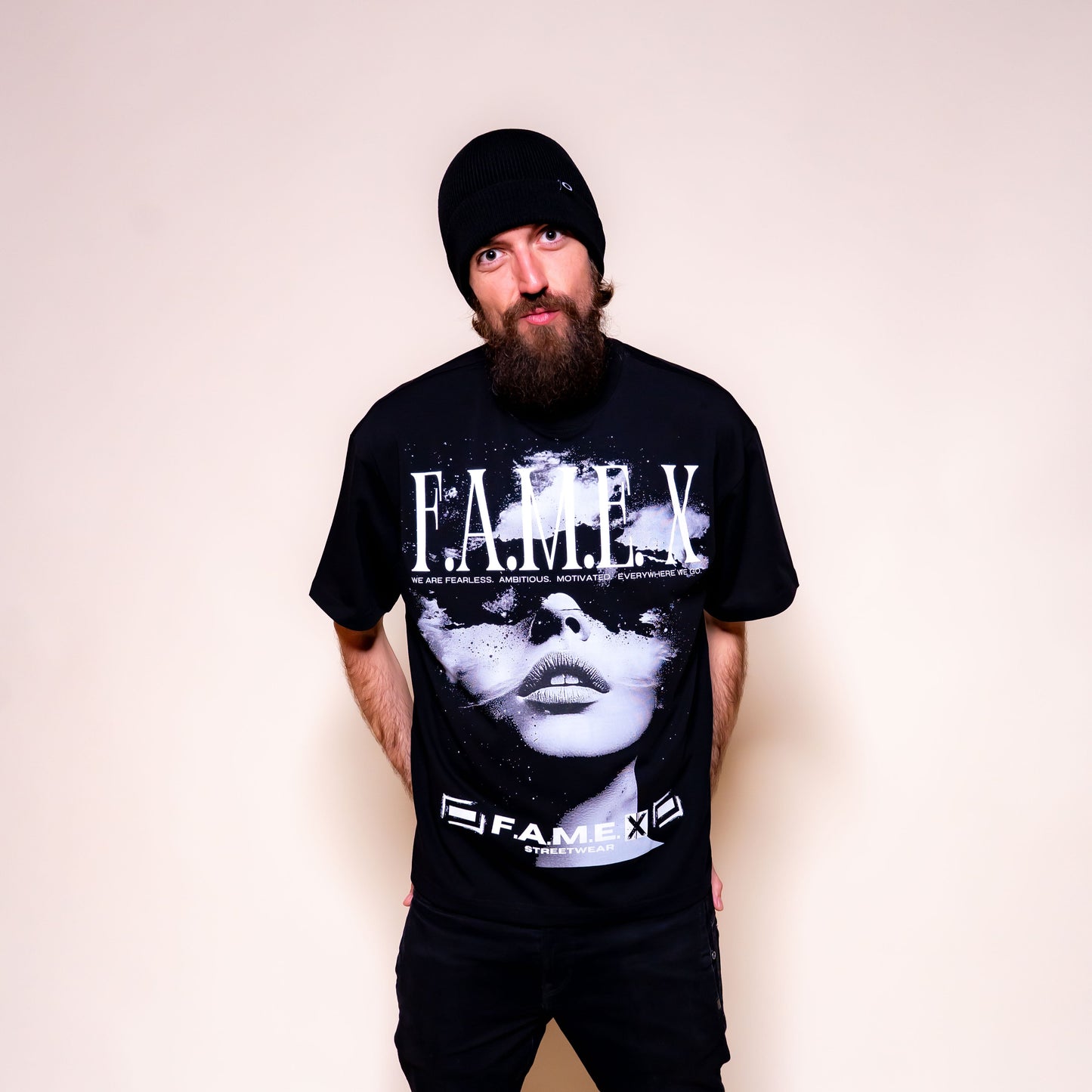 Star Gazer celestial pop art graphic tee shirt on model | F.A.M.E. X streetwear