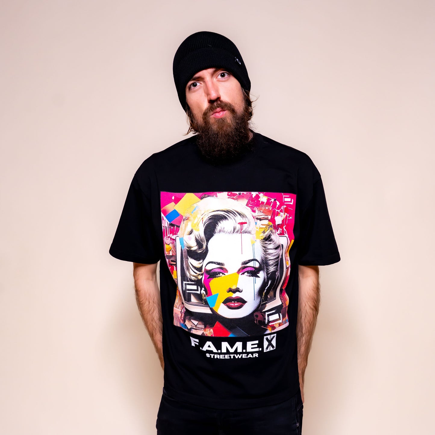 Marilyn Monroe pop art parody graphic tee shirt on model | F.A.M.E. X streetwear