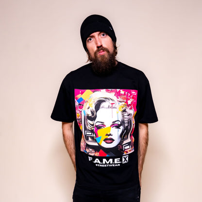 Marilyn Monroe pop art parody graphic tee shirt on model | F.A.M.E. X streetwear