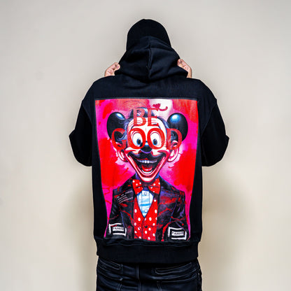 BE GOOD horror pop cartoon mascot parody art hoodie on model | F.A.M.E. X streetwear