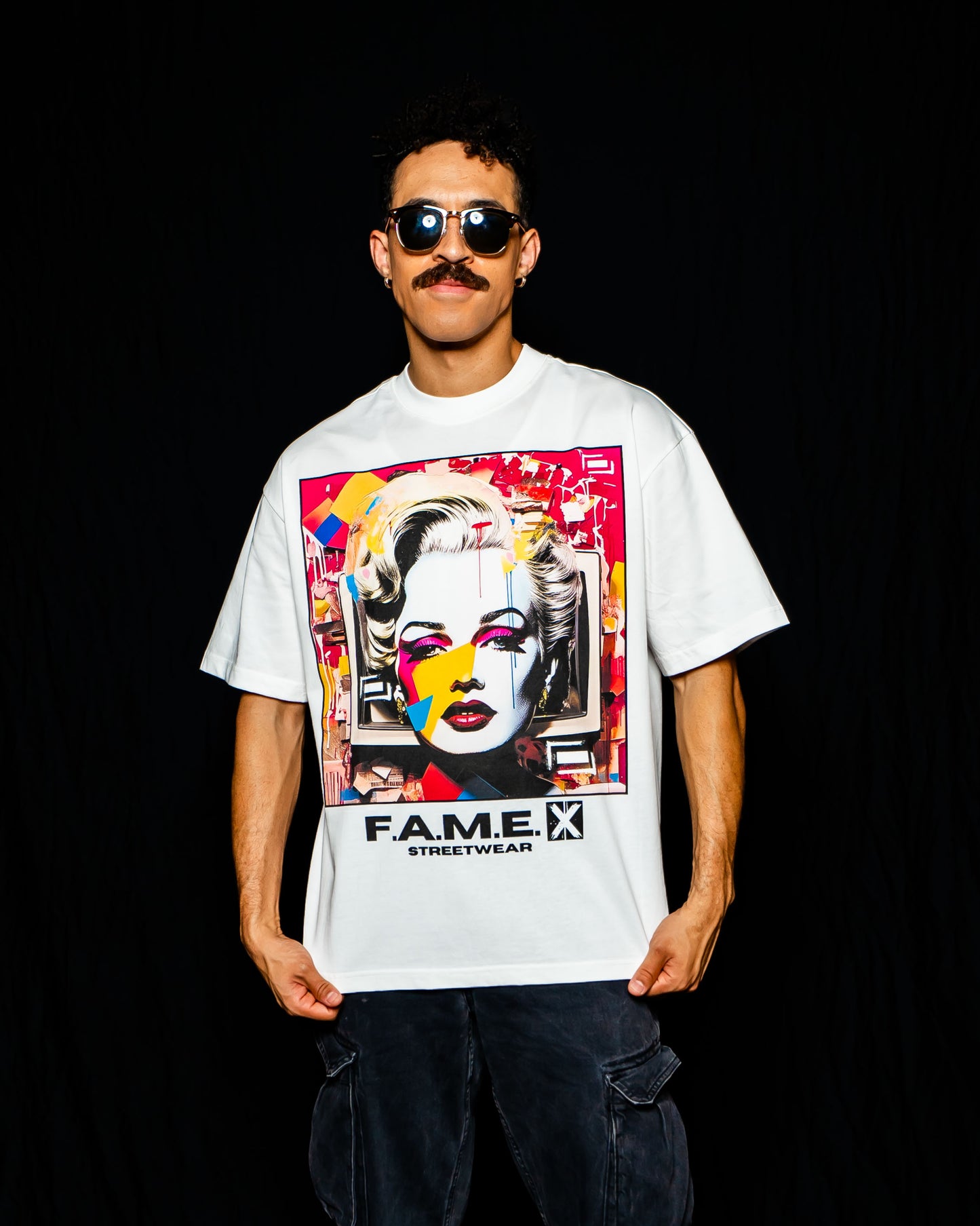 Marilyn Monroe pop art parody graphic tee shirt on model | F.A.M.E. X streetwear