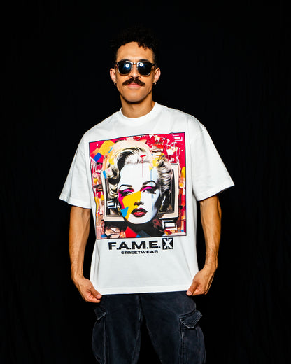 Marilyn Monroe pop art parody graphic tee shirt on model | F.A.M.E. X streetwear