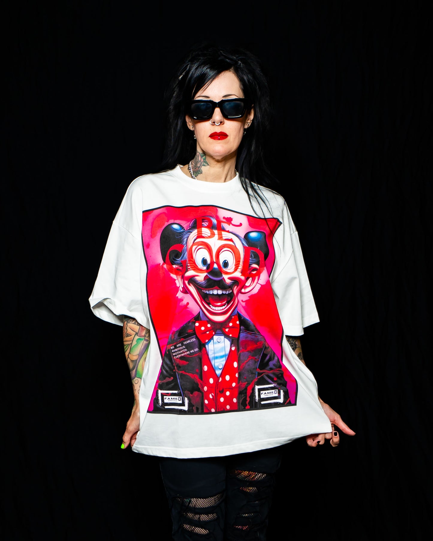 BE GOOD horror pop cartoon mascot parody art graphic tee shirt on model | F.A.M.E. X streetwear