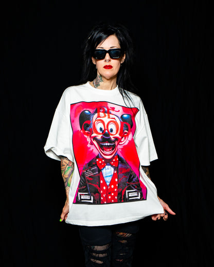 BE GOOD horror pop cartoon mascot parody art graphic tee shirt on model | F.A.M.E. X streetwear