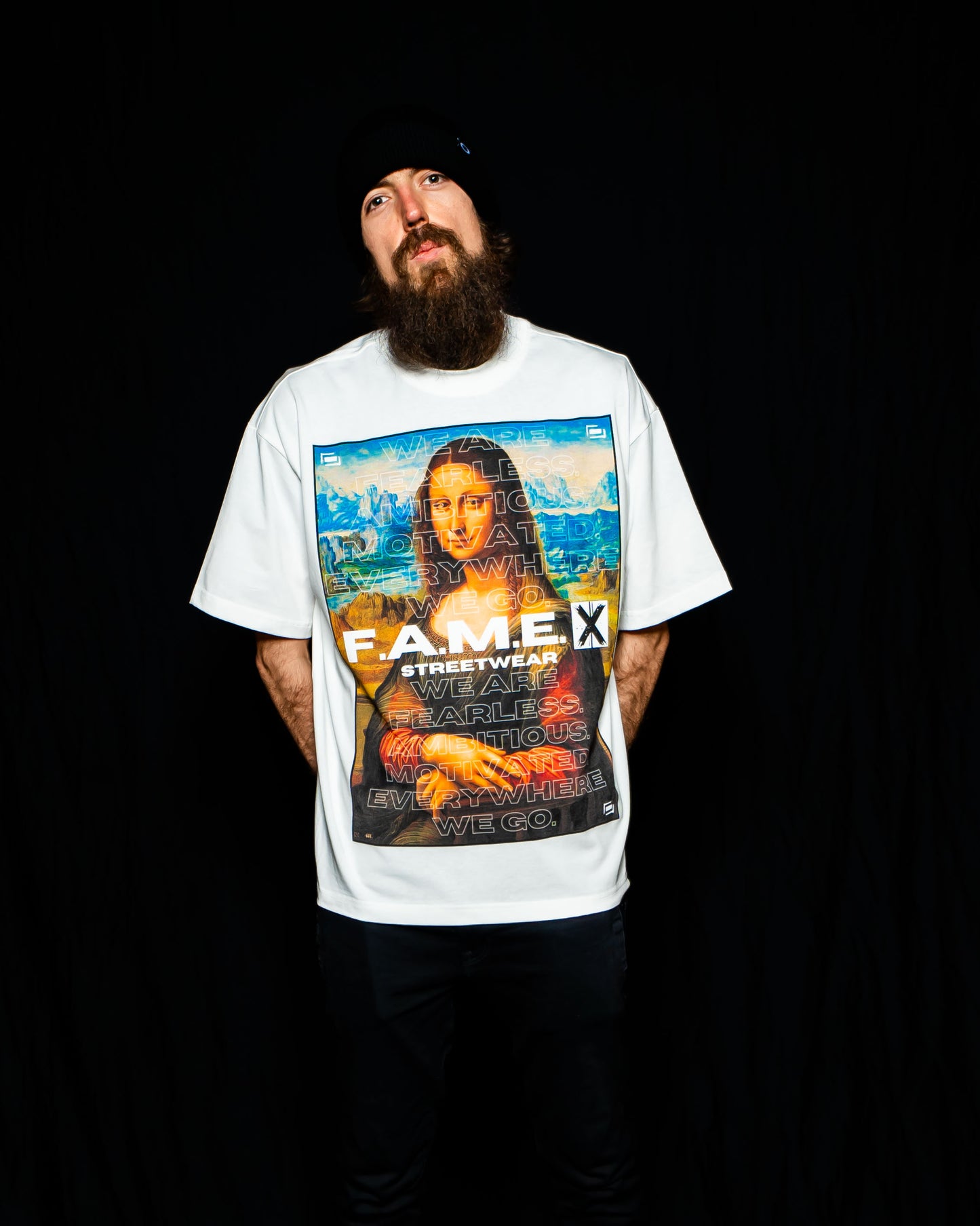 Mona Lisa twin parody art graphic tee shirt on model | F.A.M.E. X streetwear