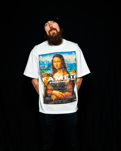 Mona Lisa twin parody art graphic tee shirt on model | F.A.M.E. X streetwear