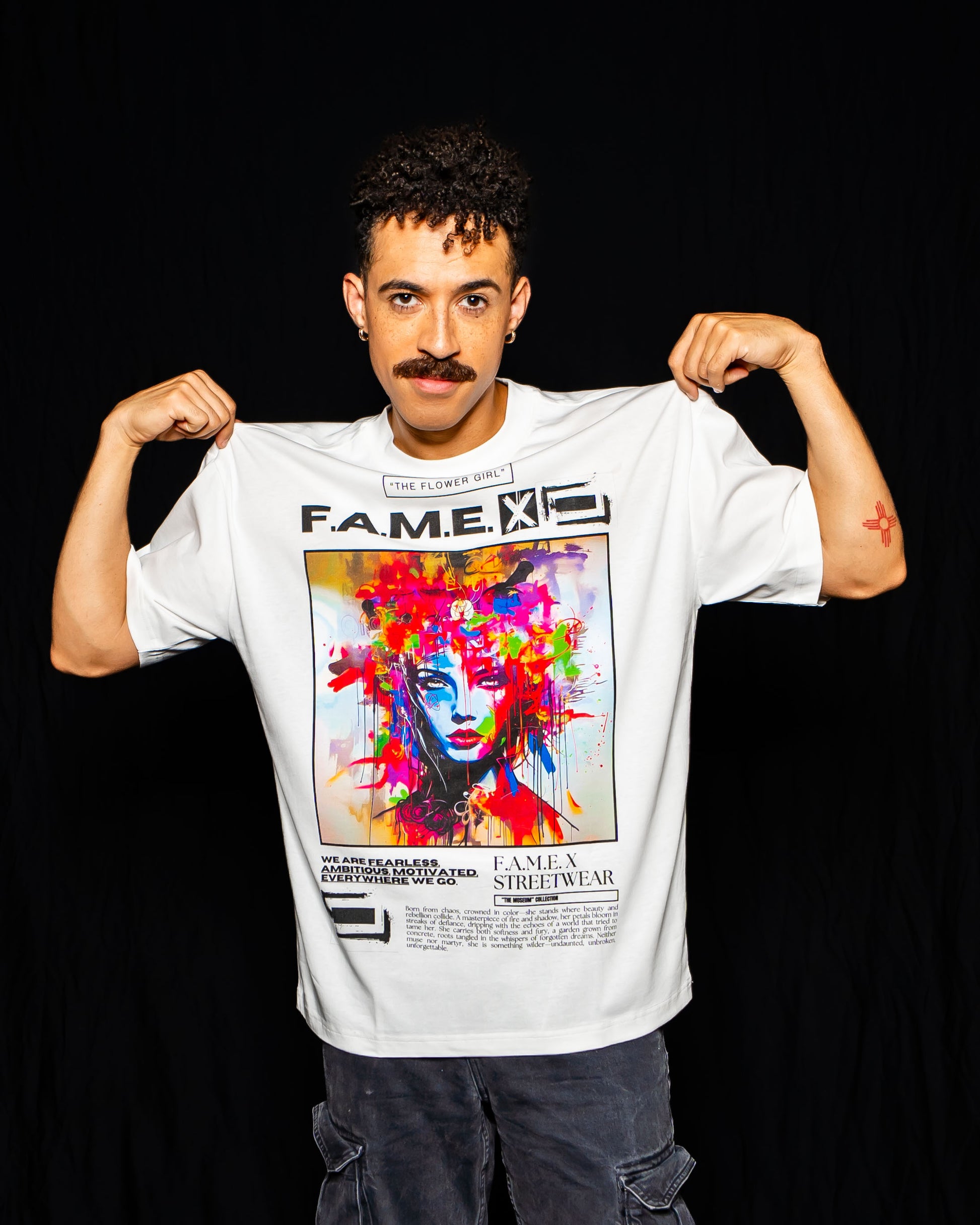 The Flower Girl flower crown pop art portrait graphic tee shirt on model | F.A.M.E. X streetwear