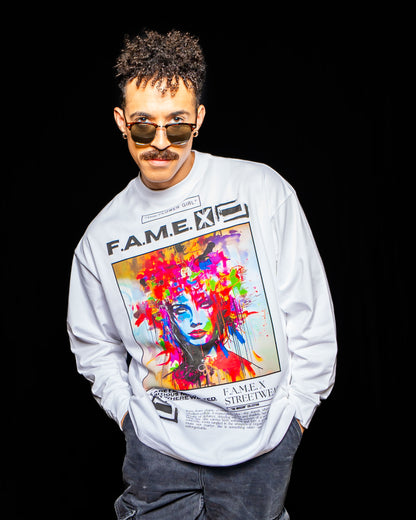 The Flower Girl flower crown pop art portrait long sleeve shirt on model | F.A.M.E. X streetwear
