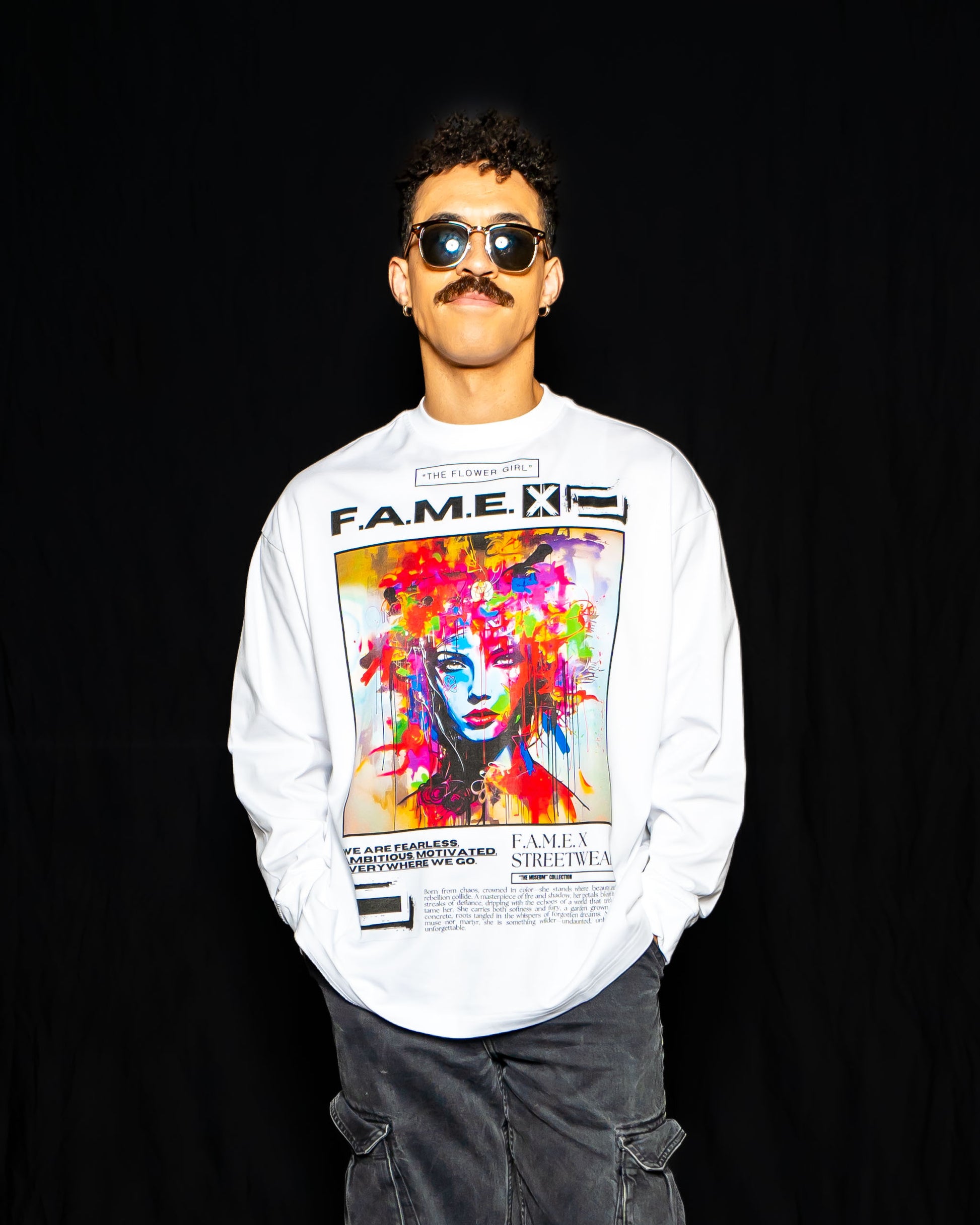 The Flower Girl flower crown pop art portrait long sleeve shirt on model | F.A.M.E. X streetwear
