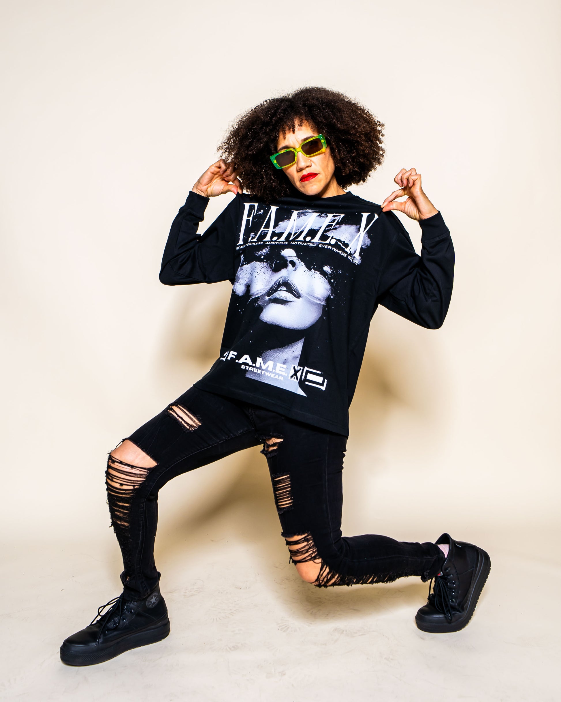 Star Gazer celestial pop art long sleeve shirt on model | F.A.M.E. X streetwear