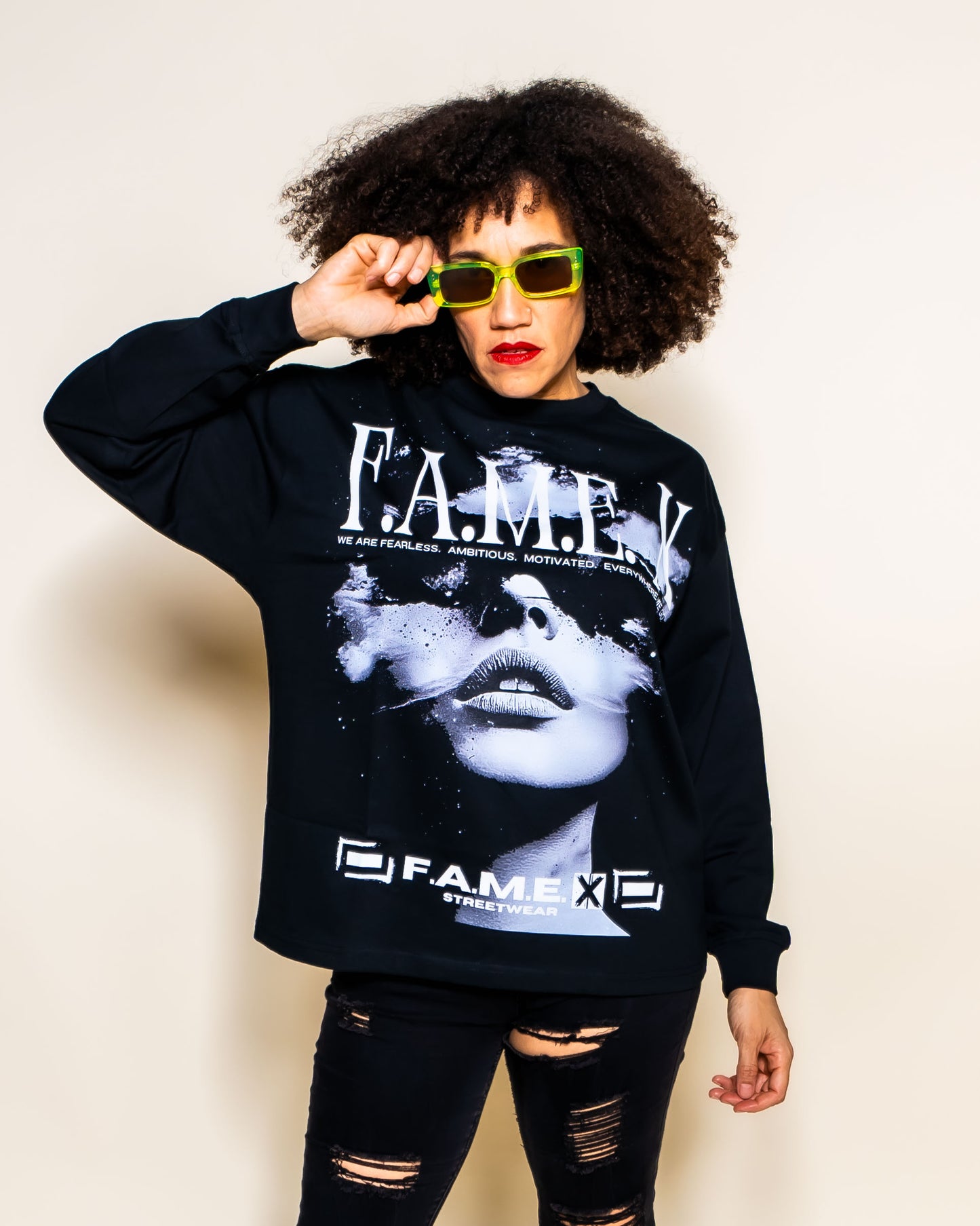 Star Gazer celestial pop art long sleeve shirt on model | F.A.M.E. X streetwear