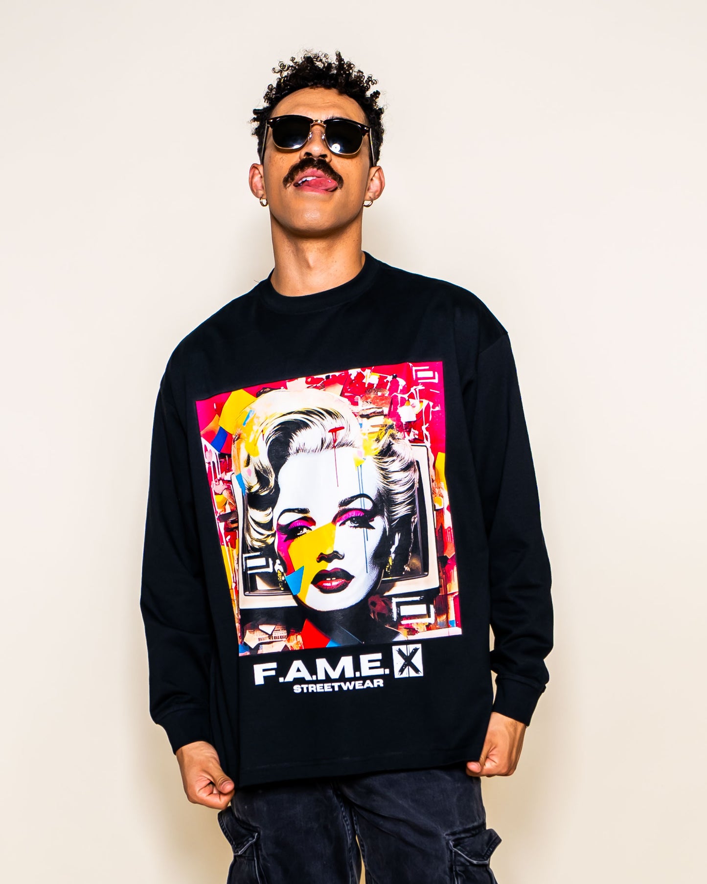 Marilyn Monroe pop art parody long sleeve shirt on model | F.A.M.E. X streetwear