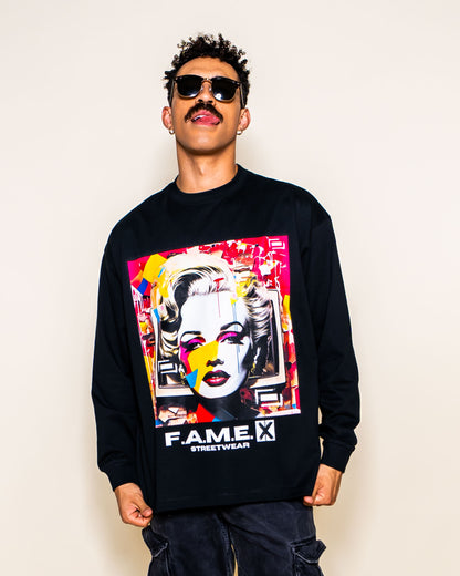 Marilyn Monroe pop art parody long sleeve shirt on model | F.A.M.E. X streetwear