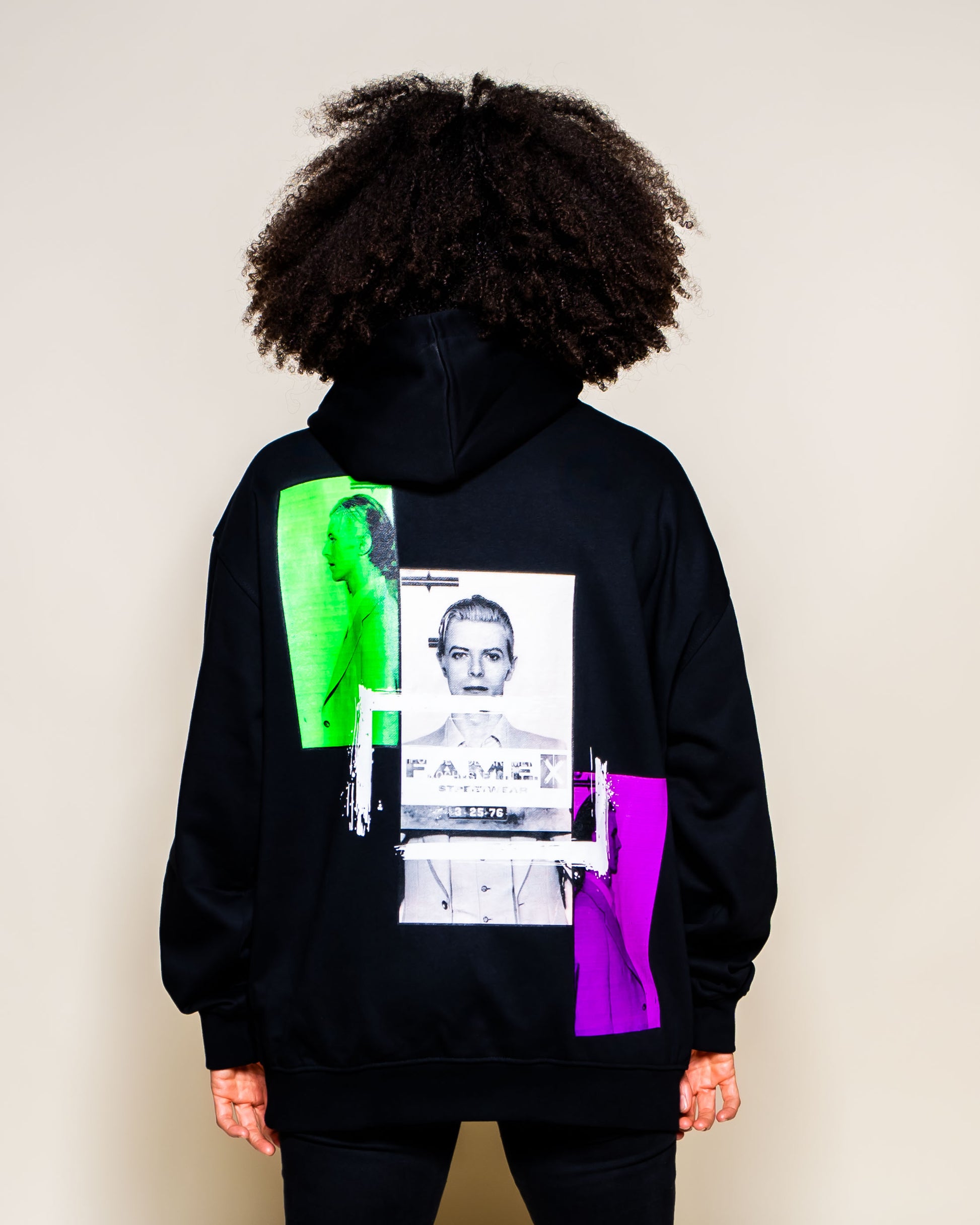 David Bowie 1976 mugshot parody art hoodie on model | F.A.M.E. X streetwear